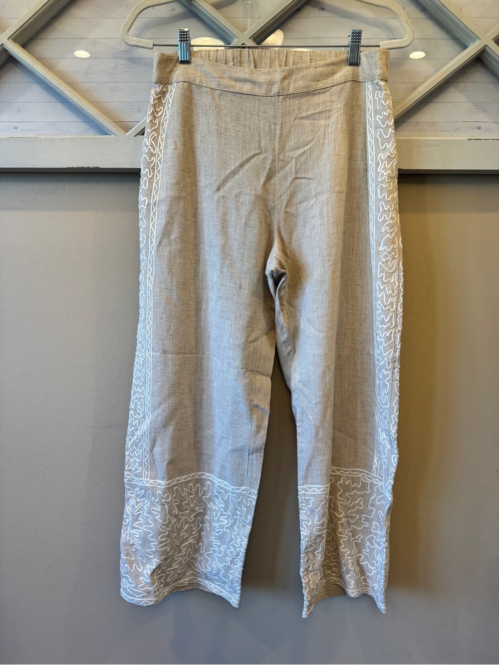 Beige Embroidered Wide-Leg Pants Soft Surroundings Size PM Tan Cream Pull On
